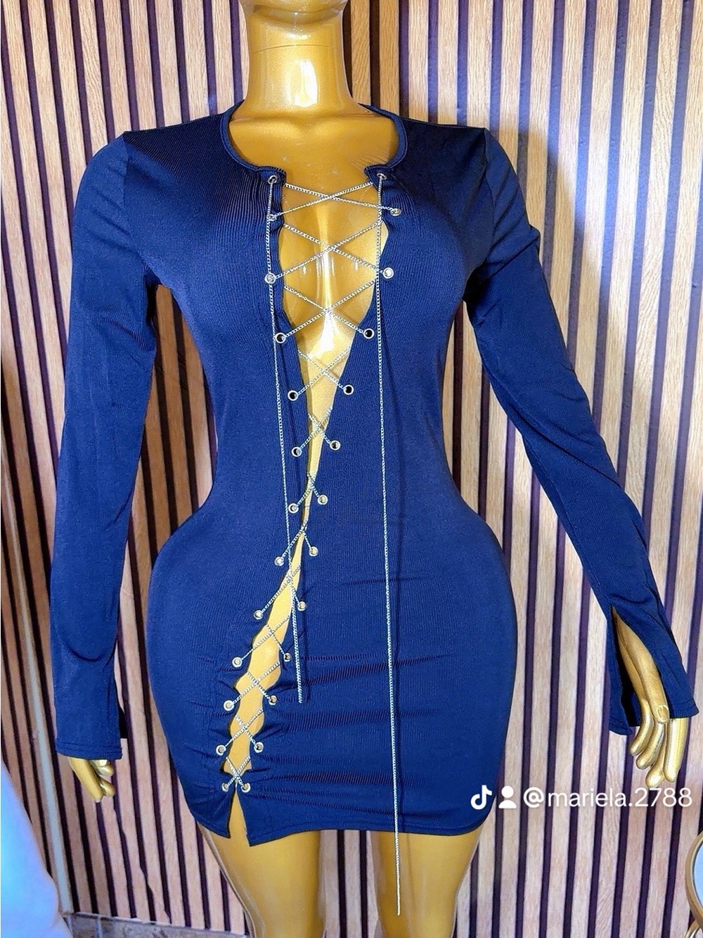 Women’s Navy Lace-Up Long Sleeve Bodycon Dress